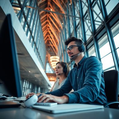 Low-angle, wide-angle architectural photograph two people, light skin, seated at a computer offering tech support, sharp lines, detailed structures, dramatic lighting